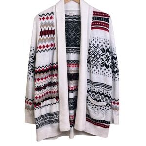 Loft Red Black Fair Isle Open Front‎ Cardigan Wool Blend Knit Christmas Medium